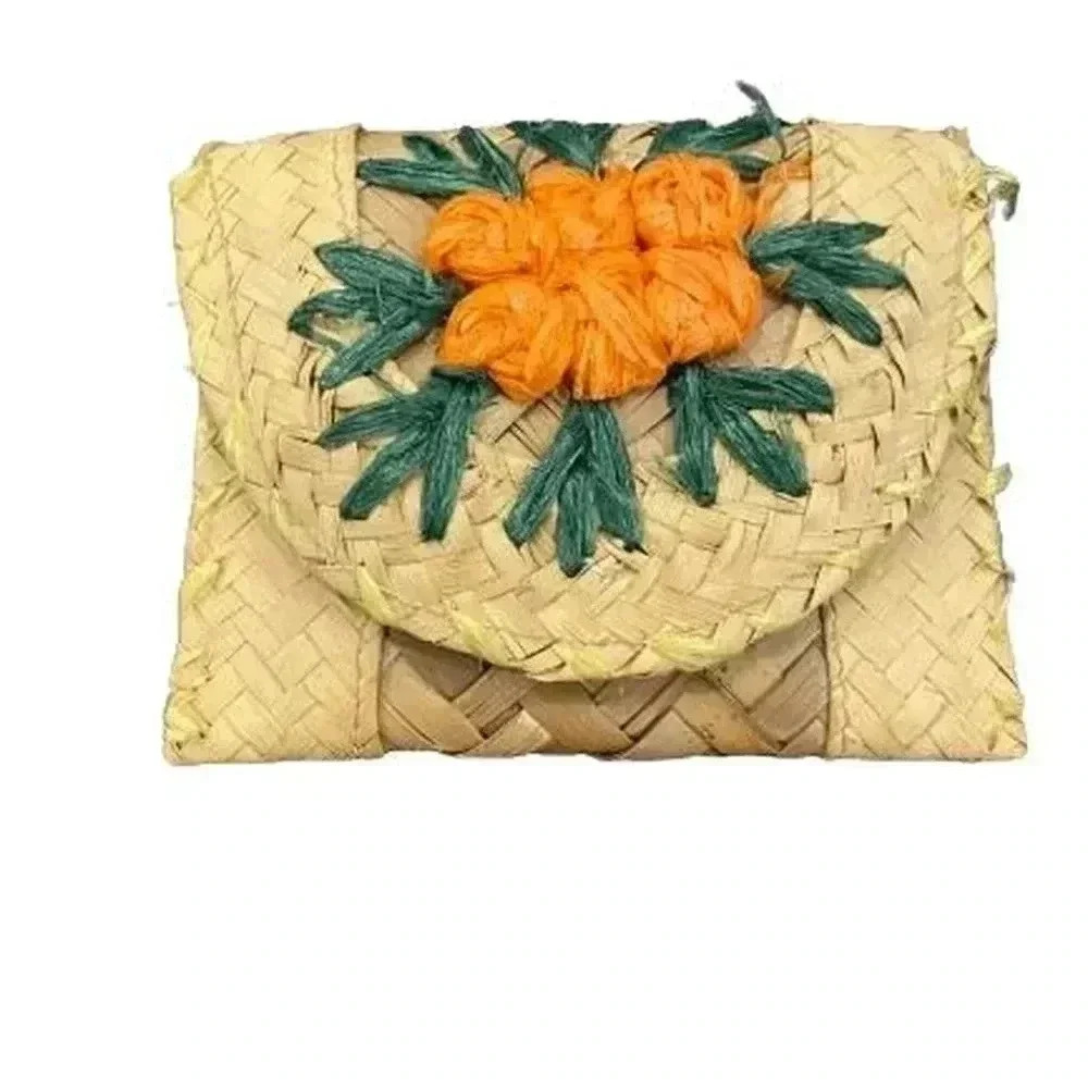 Vintage Bahamas Handwoven Wicker Rattan Straw Coin Purse w/ Floral Embroidery